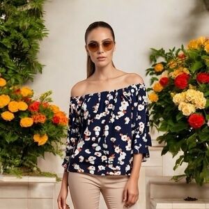 Bobeau Women's Off Shoulder Blue Floral Ruffled Bell Sleeve Top Medium NWT